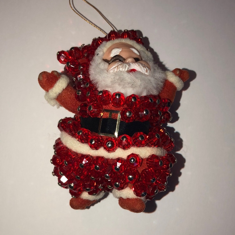 Vintage Push Pin Beaded/Flocked Santa Ornament